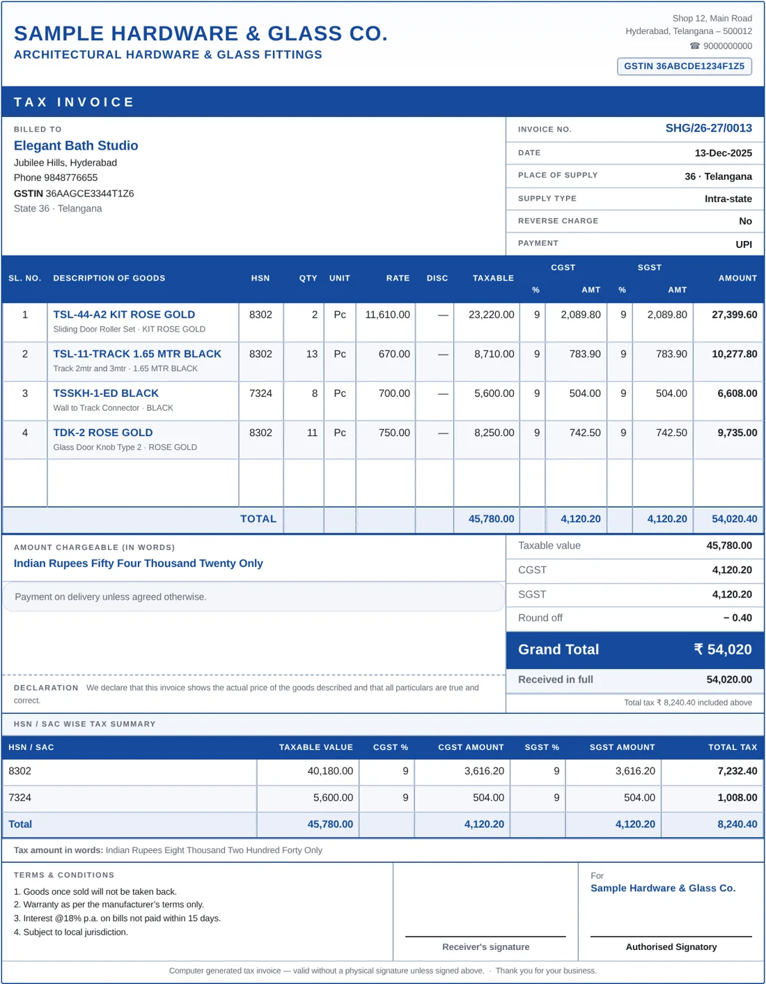 KC Billing में बना हार्डवेयर दुकान का sample GST tax invoice: HSN, taxable value, GST और HSN के हिसाब से tax summary