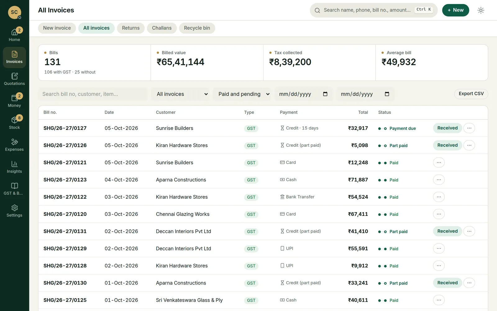 The invoices list in the sample shop